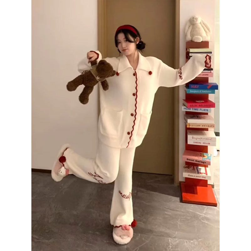 针织半边绒睡衣女款秋冬季加厚甜美法兰绒开衫长裤大码家居服套装,淘宝优惠券,粉丝福利购,淘宝优惠卷