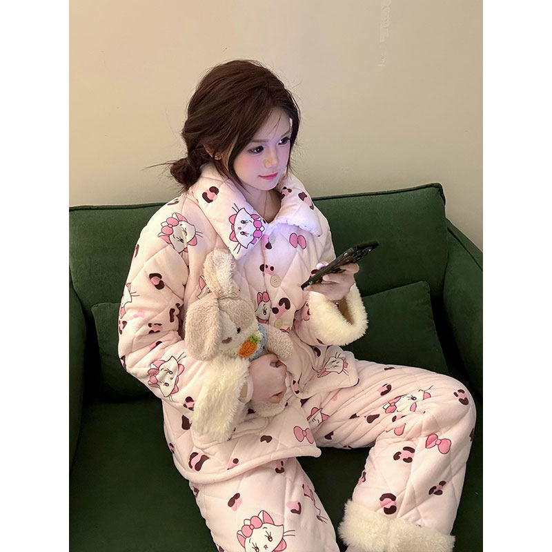 卡通甜美粉色玛丽猫印花加厚夹棉保暖睡衣女秋冬季大码家居服套装,淘宝优惠券,粉丝福利购,淘宝优惠卷