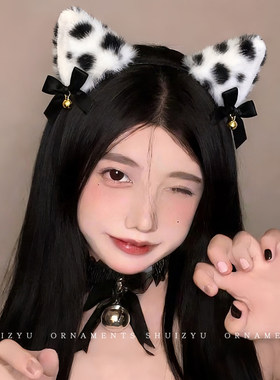可爱毛绒豹纹猫耳朵发箍秋冬天女铃铛猫咪兽耳装扮头箍拍照发饰潮