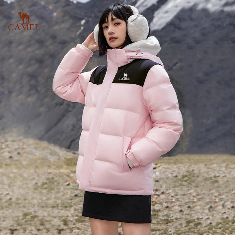 骆驼拒水羽绒服2025冬季新款保暖外套女可拆卸连帽羽绒内胆面包服