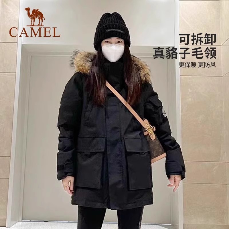 骆驼女装工装羽绒服女中长款035拒水大毛领冬加厚派克羽绒服外套