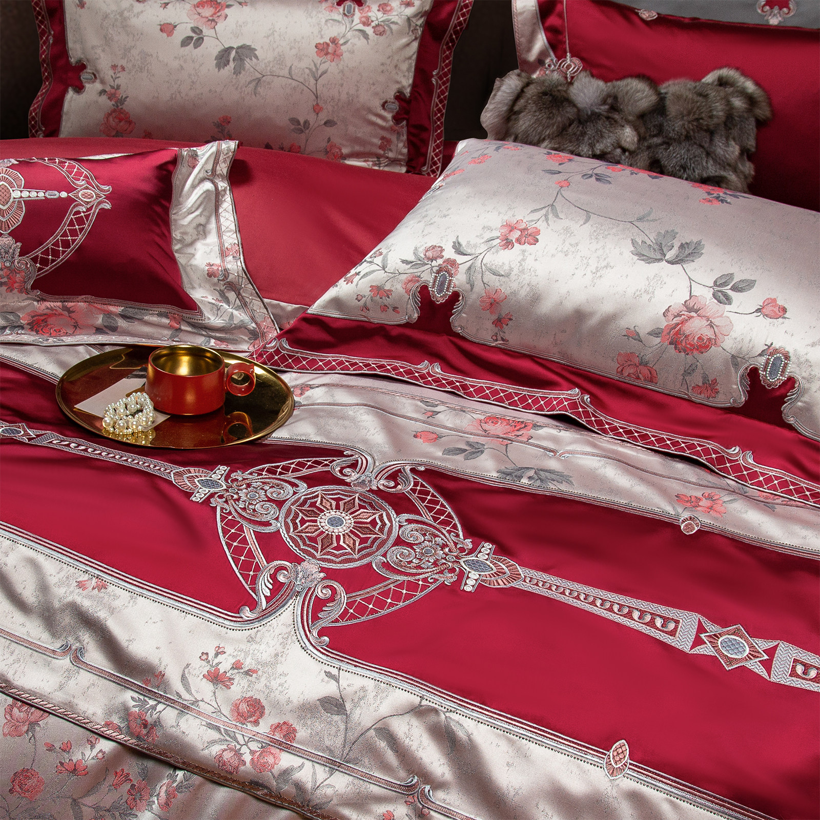 新中式高端结婚四件套140支真丝棉刺绣被套酒红陪嫁婚庆床上用品,淘宝优惠券,粉丝福利购,淘宝优惠卷