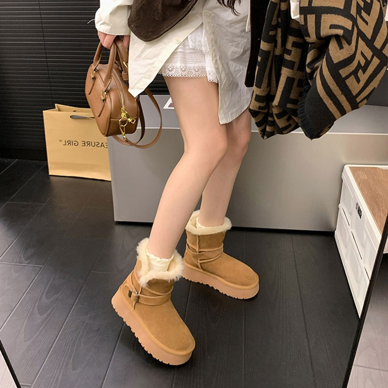 厚底皮毛一体冬短筒中筒雪地靴女2025新款加绒加厚保暖东北大棉鞋 - 图2