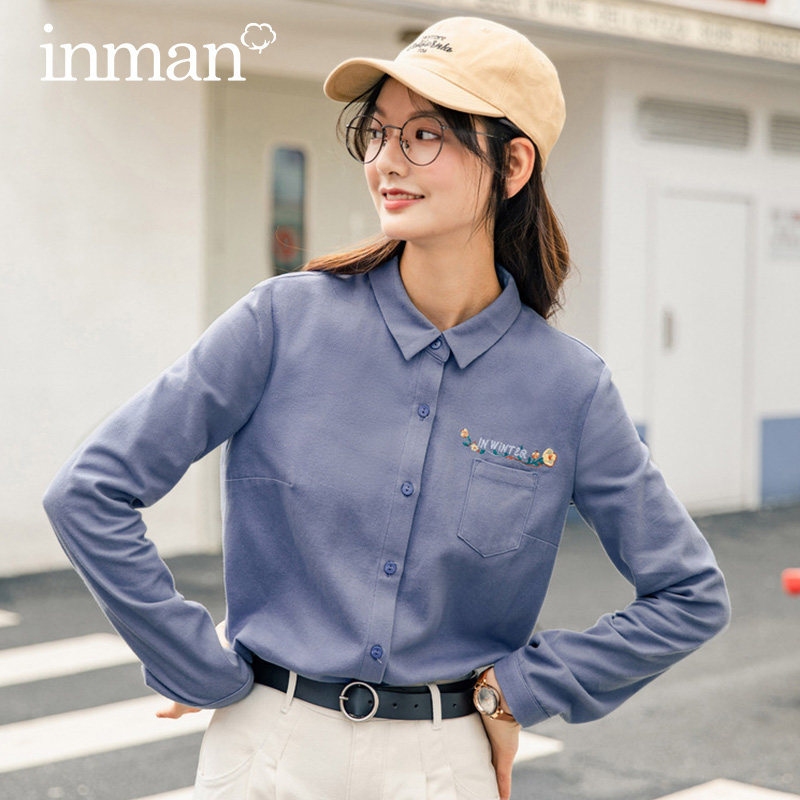 茵曼2020秋冬新款口袋刺绣纯棉衬衫 茵曼筱茵衬衫