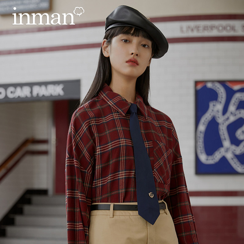 茵曼长袖2021格纹衬衫 茵曼筱茵衬衫