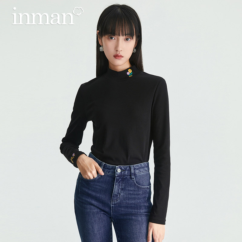 茵曼黑色长袖t恤弹力修身打底衫 茵曼筱茵T恤