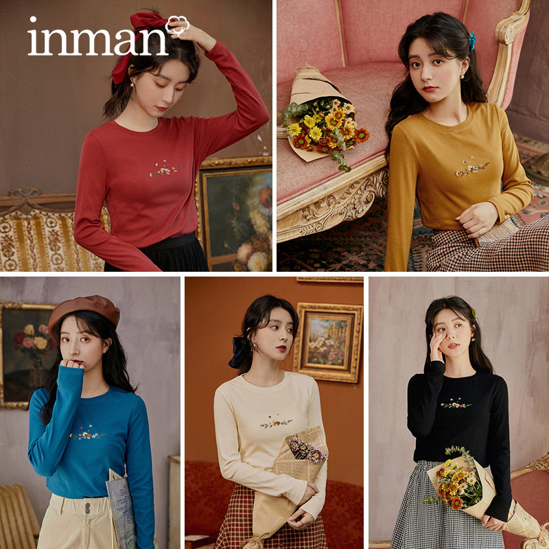 茵曼纯棉长袖t恤2020秋冬装打底衫 茵曼筱茵T恤