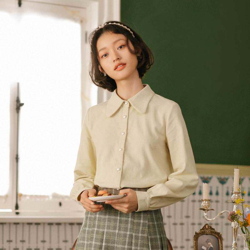 茵曼灯芯绒2020秋冬新款珍珠扣衬衫 茵曼筱茵衬衫