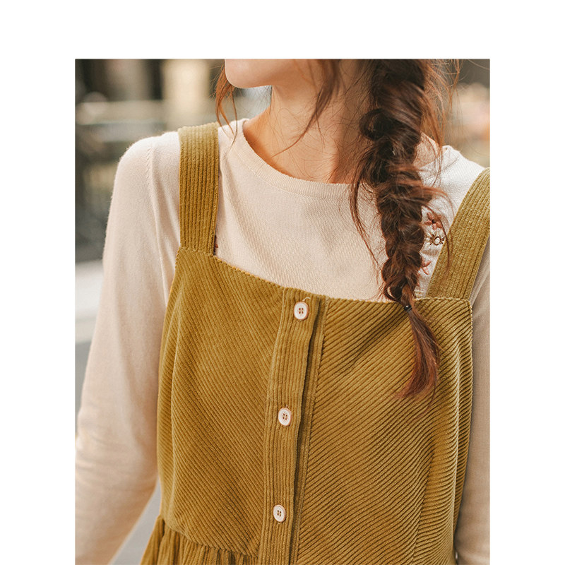 茵曼灯芯绒背带裙中长款2020连衣裙 茵曼筱茵连衣裙