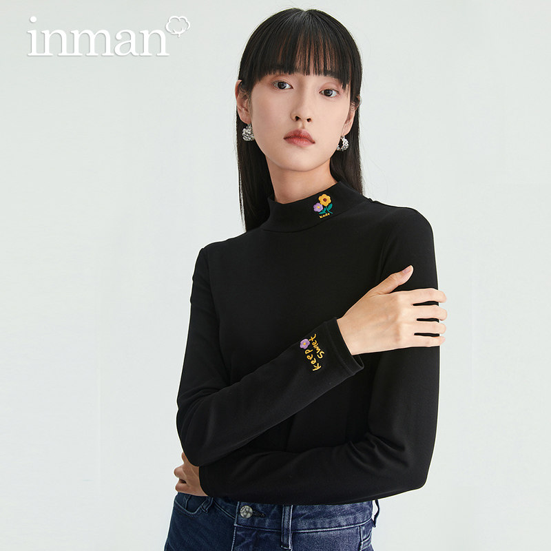 茵曼黑色长袖t恤弹力修身打底衫 茵曼筱茵T恤