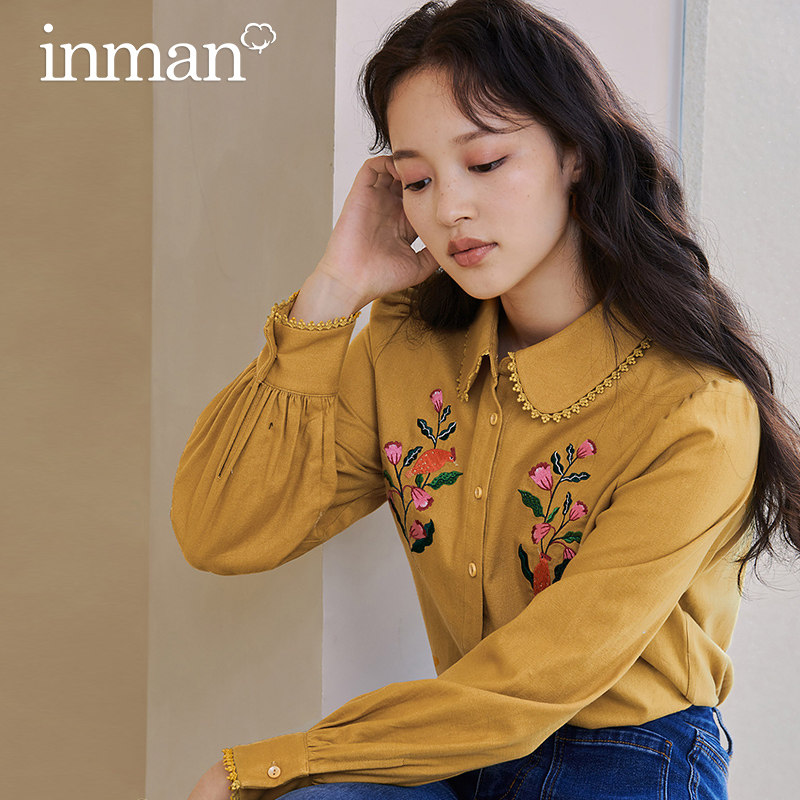 茵曼绣花长袖2022春季新款宽松衬衫 茵曼筱茵衬衫