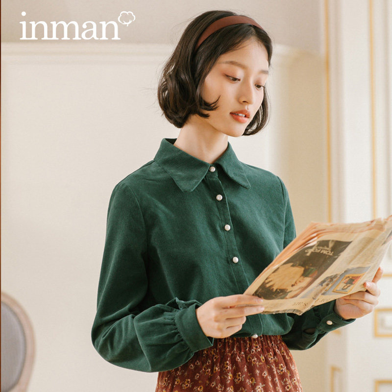 茵曼灯芯绒2020秋冬新款珍珠扣衬衫 茵曼筱茵衬衫