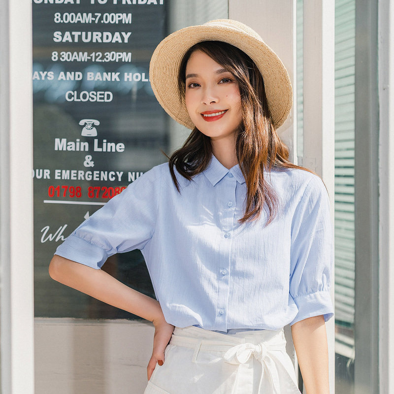 茵曼旗舰店全棉衬衫女短袖2020 茵曼筱茵衬衫