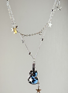 蓝色小提琴星星吊坠项链套装