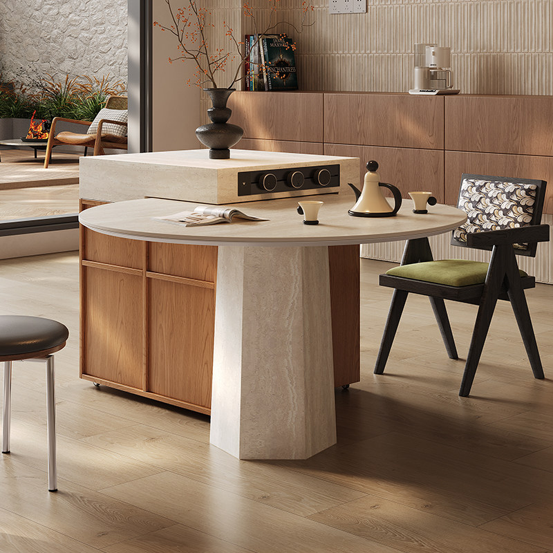 可移动圆桌岛台小户型餐桌一体餐边柜洞石岩板单独岛台柜小岛台,淘宝优惠券,粉丝福利购,淘宝优惠卷