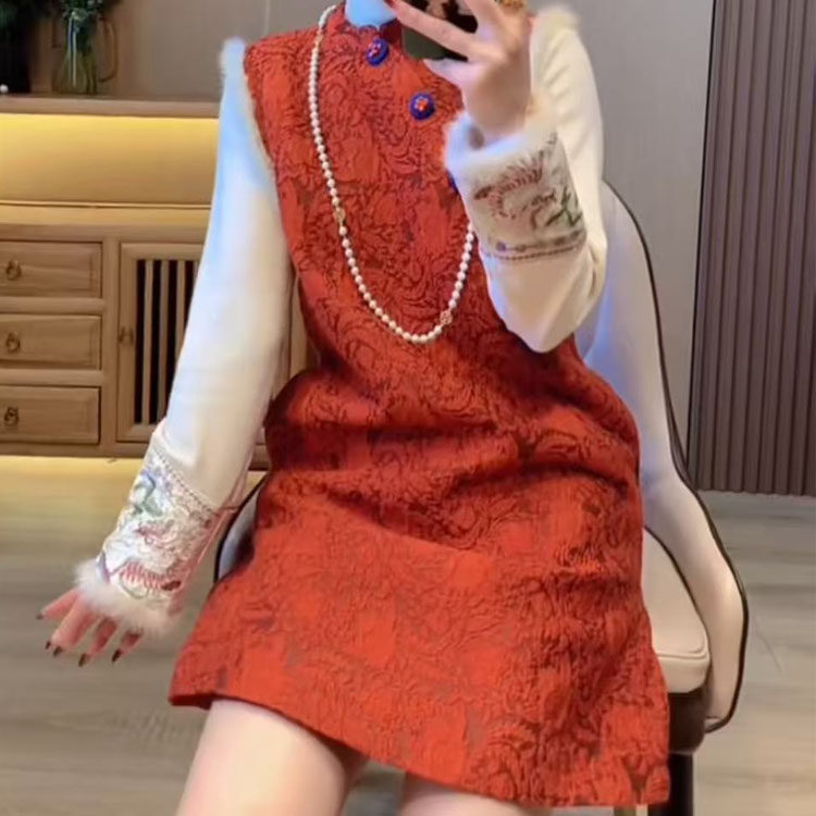 新年红色冬款新中式旗袍国风复古无袖马甲裙+小衫两件套女连衣裙,淘宝优惠券,粉丝福利购,淘宝优惠卷