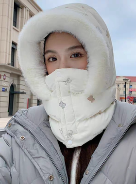 东北哈尔滨旅游防寒帽滑雪加绒夹棉保暖帽子女冬天护耳围脖一体帽