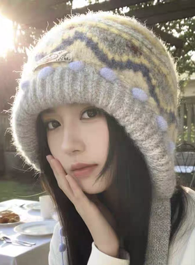 费尔岛复古针织包头帽子女2025新款秋冬显脸小保暖防寒护耳毛线帽