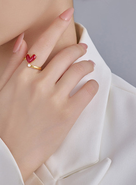 安可拉红色爱心锆石可调节戒指女