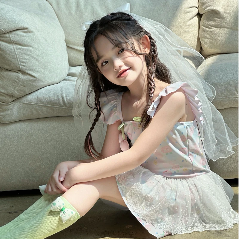 209儿童泳衣夏季新款吊带连衣裙蕾丝甜美女童泳衣平角裙式泳装 - 图1