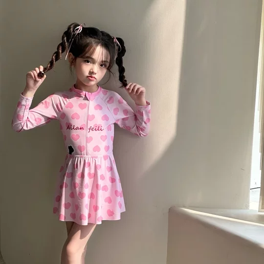 高能感女童泳衣连体防晒女孩长袖游泳平角速干冰凉感泳衣