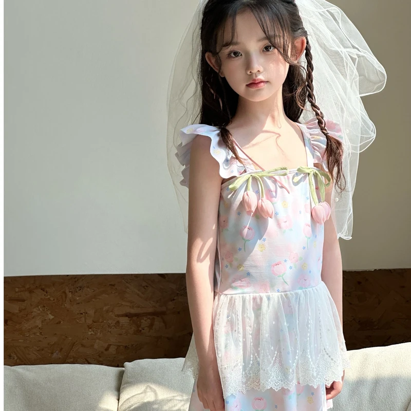 209儿童泳衣夏季新款吊带连衣裙蕾丝甜美女童泳衣平角裙式泳装 - 图2