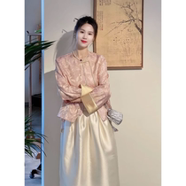 HARSIDE Autumn New Chinese Womens Dress National Style Zen tea suit Pink Disc Buckle Blouse Dresses two sets