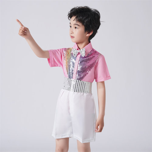 幼儿园跳舞衣服女童彩色亮片公主舞蹈蓬蓬纱裙男童短袖大合唱礼服 - 图2