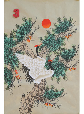 特价手绘竖幅无款四尺三开松树仙鹤松鹤延年国画装饰字画RC6509