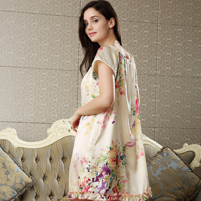 舒绸坊夏天短袖100桑蚕丝睡裙中裙 舒绸坊睡裙