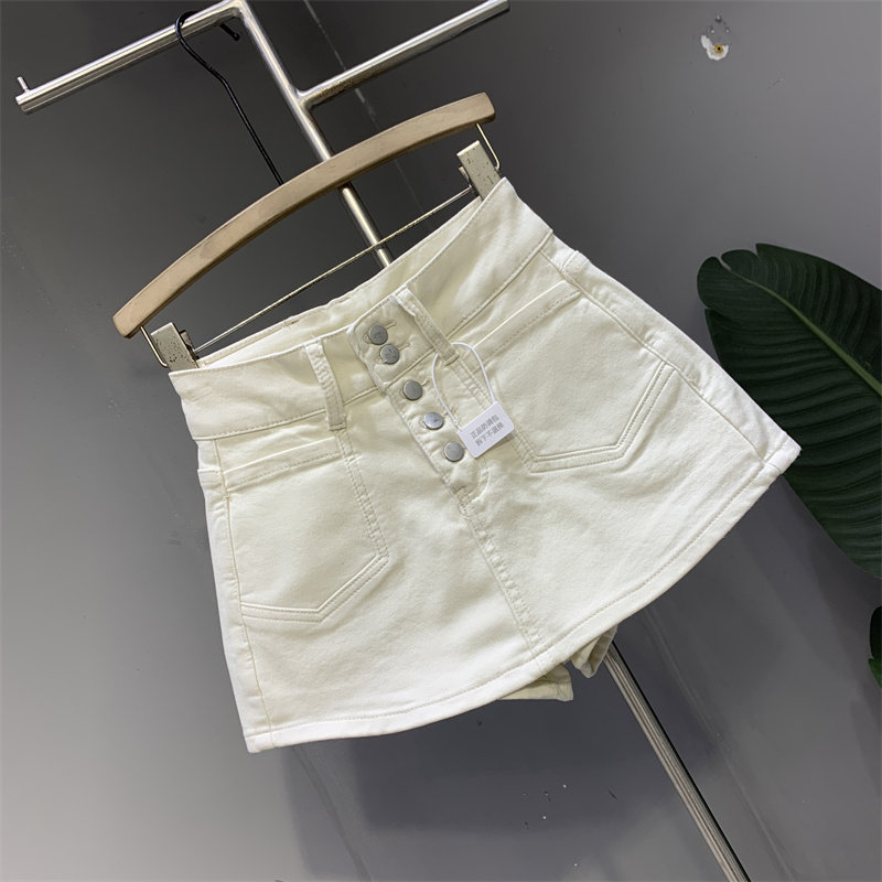 韩版2025春夏新款米杏色前裙后裤牛仔a字裙高腰弹力不同排扣短裤,淘宝优惠券,粉丝福利购,淘宝优惠卷