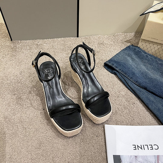 2025欧美新款时尚超高跟一字扣带松糕凉鞋夏新款坡跟草编厚底女鞋