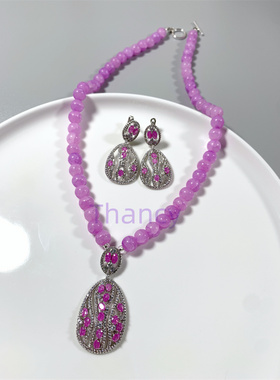 紫色锆石琉璃耳环项链套装