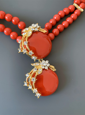 Vintage中古 喜庆新娘配饰本命年中国红色琉璃珠多层夸张短款项链