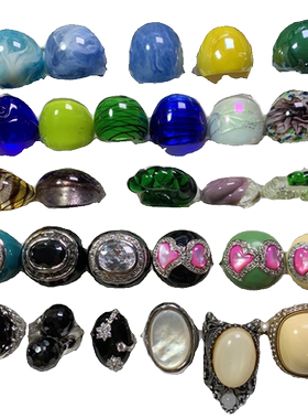 Vintage中古 色彩个性大牌范天然水晶贝壳琉璃指环戒指孤品合集