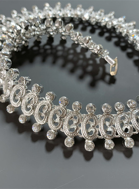 Vintage中古 重工夸张优雅白金色莱茵石镶嵌项圈款宫廷风短款项链