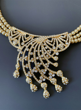 Vintage中古回流 设计感镂空满天星莱茵石香槟色琉璃珍珠短款项链