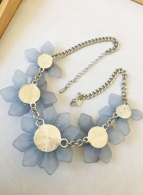 Vintage中古英国MS打标雾蓝色树脂花朵个性夸张百搭时髦项链女