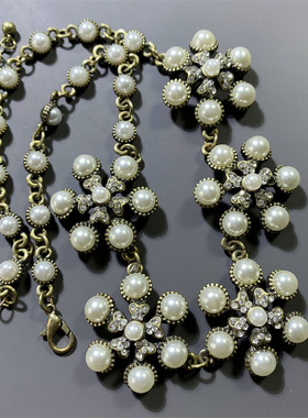 Vintage中古复古金人造珍珠雪花造型短款锁骨链项链女