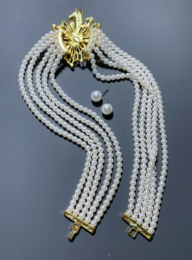 Vintage中古款 烟花丝带造型坠华丽宫廷风多层琉璃珍珠项链套装