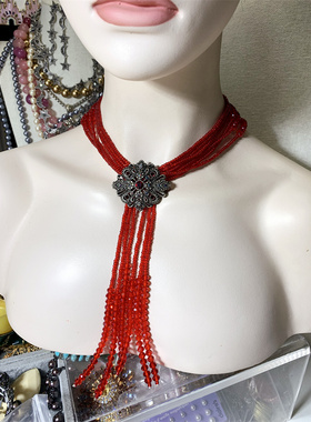 1928红色胸针琉璃项链多种戴法