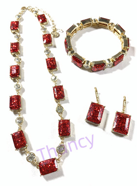 方块红色新年款项链手链耳环套装
