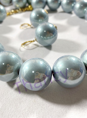 Vintage Joan Rivers打标超大颗粒光泽感奶蓝色珍珠耳环手链项链