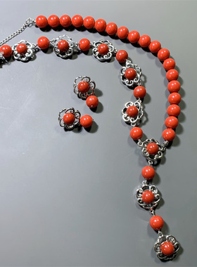 Vintage中古JR joan rivers打标红色琉璃不对称花朵耳环项链套装