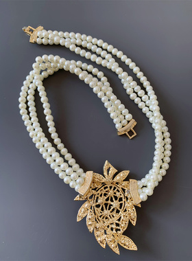 Vintage中古 多层琉璃珍珠短款白色夸张个性复古项链女