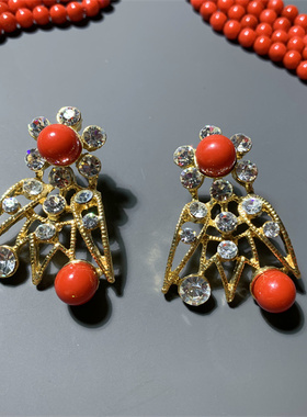 Vintage中古 喜庆新娘配饰本命年中国红色琉璃珠多层项链耳环套装