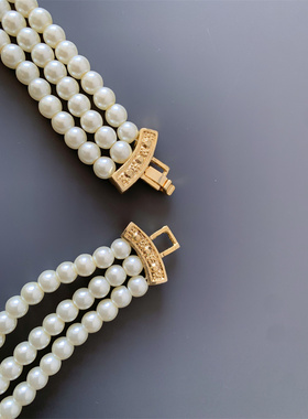 Vintage中古 多层白色琉璃珍珠立体花朵坠短款项链女