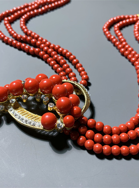 Vintage中古 设计感 本命年中国红色琉璃珠多层短款项链
