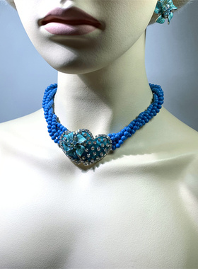 Vintage中古 松石蓝色琉璃珠立体爱心满钻花朵耳钉项链套装