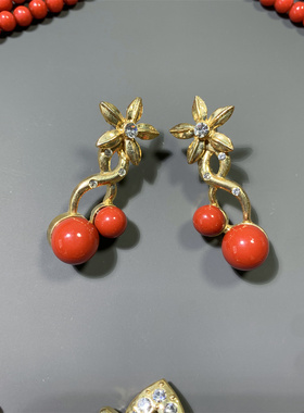 Vintage中古 喜庆中国红本命年款金色花朵红琉璃珠多层项链耳环